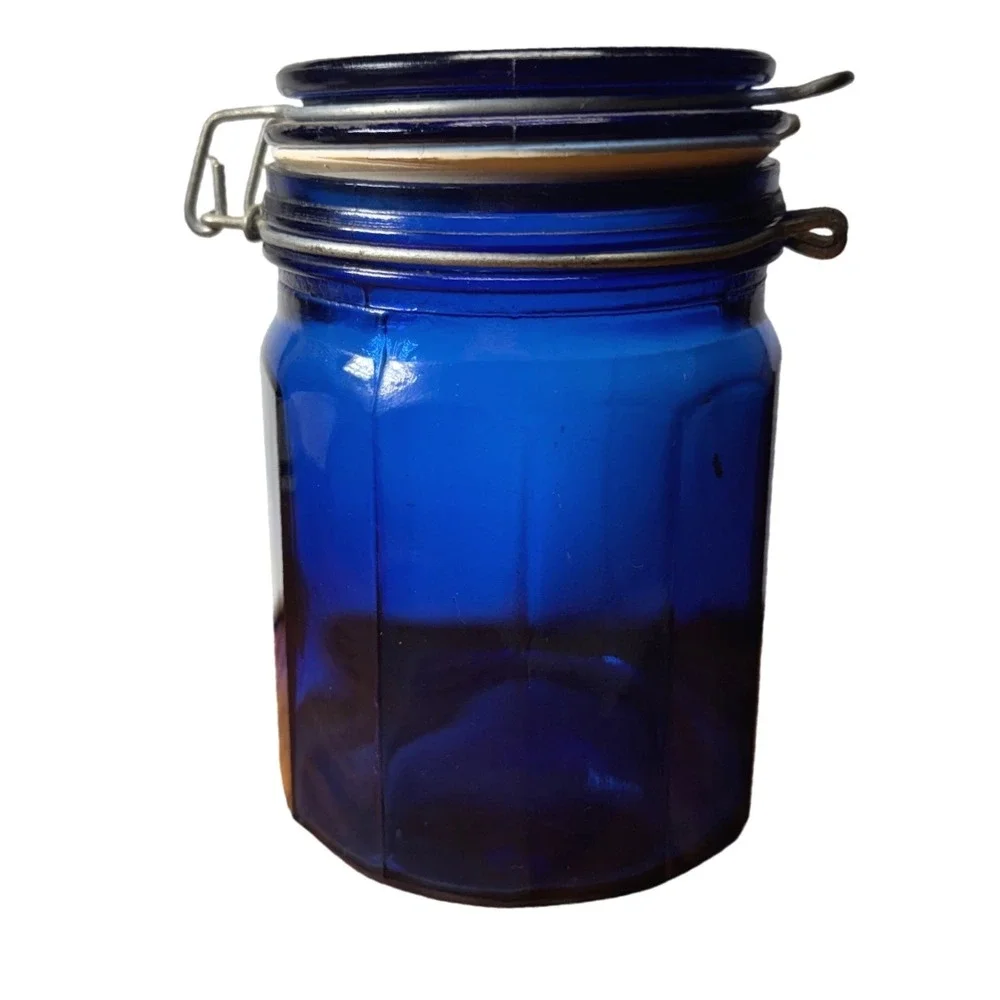 Cobalt Blue‎ Glass Canister Octagonal Jar with Wire Bale Swing Top Lid see note